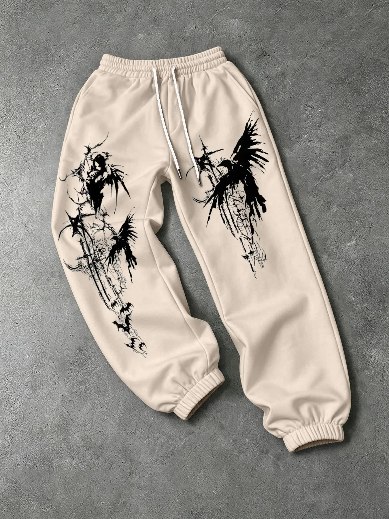 Men's Gothic Raven Thorn Print Jogger Pants, High Street Loose Drawstring Sports Pants, Fall & Winter Casual Fitted Pants