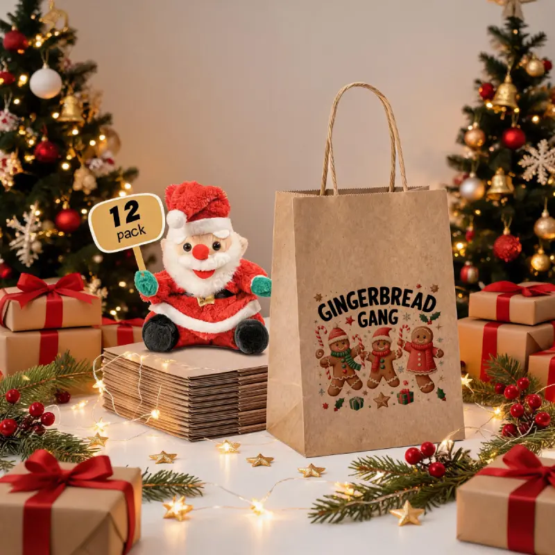 12-piece set of Christmas-themed gift bags with gingerbread man pattern, with handles, suitable for holiday parties and gift-giving. Dimensions: Length 15cm, Width 8cm, Height 21cm