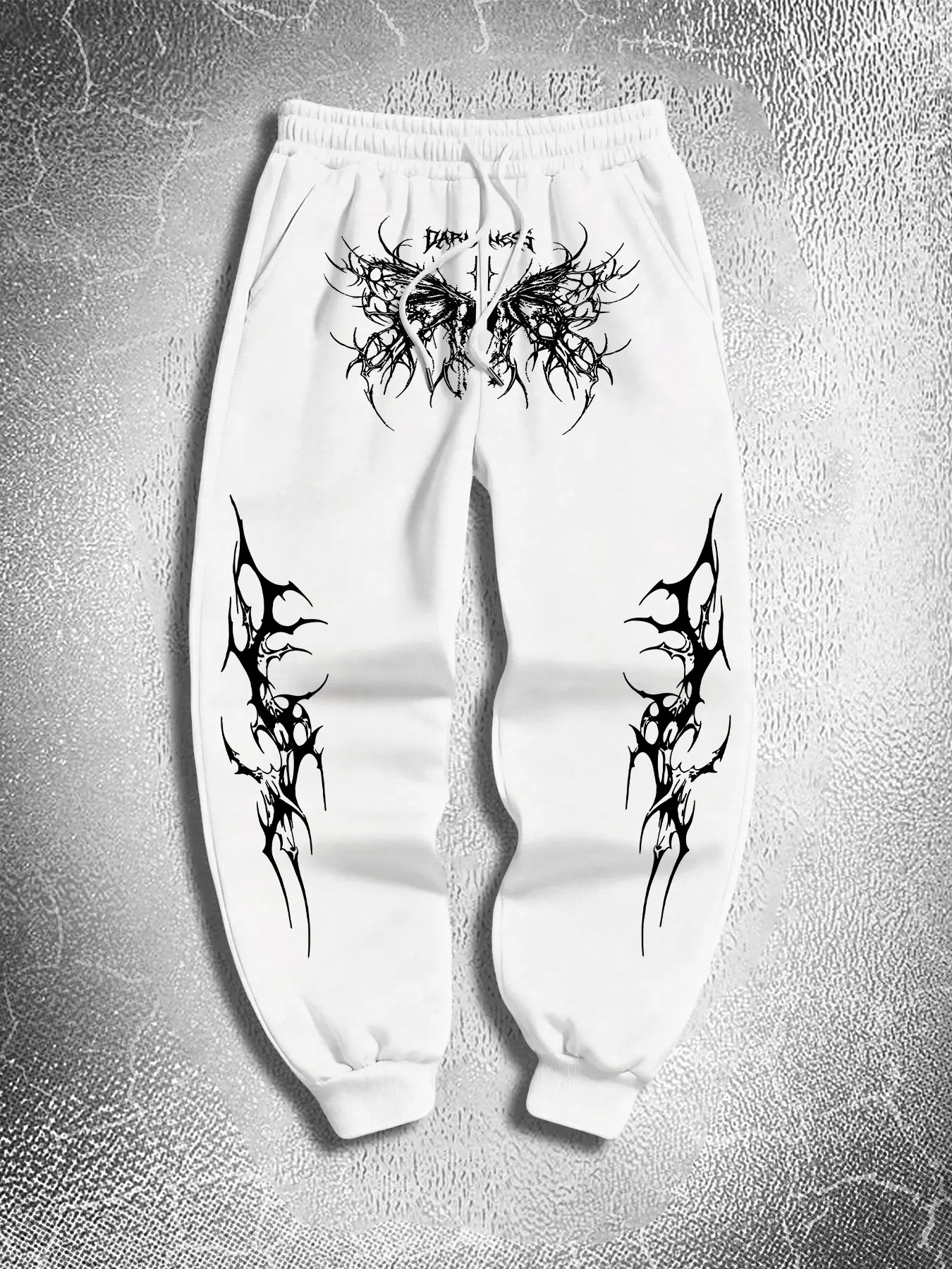 Dark Thorn Butterfly Gothic Letter Printed Cuffed Sweatpants, Drawstring Waist Alt Punk Streetwear Jogger Pants