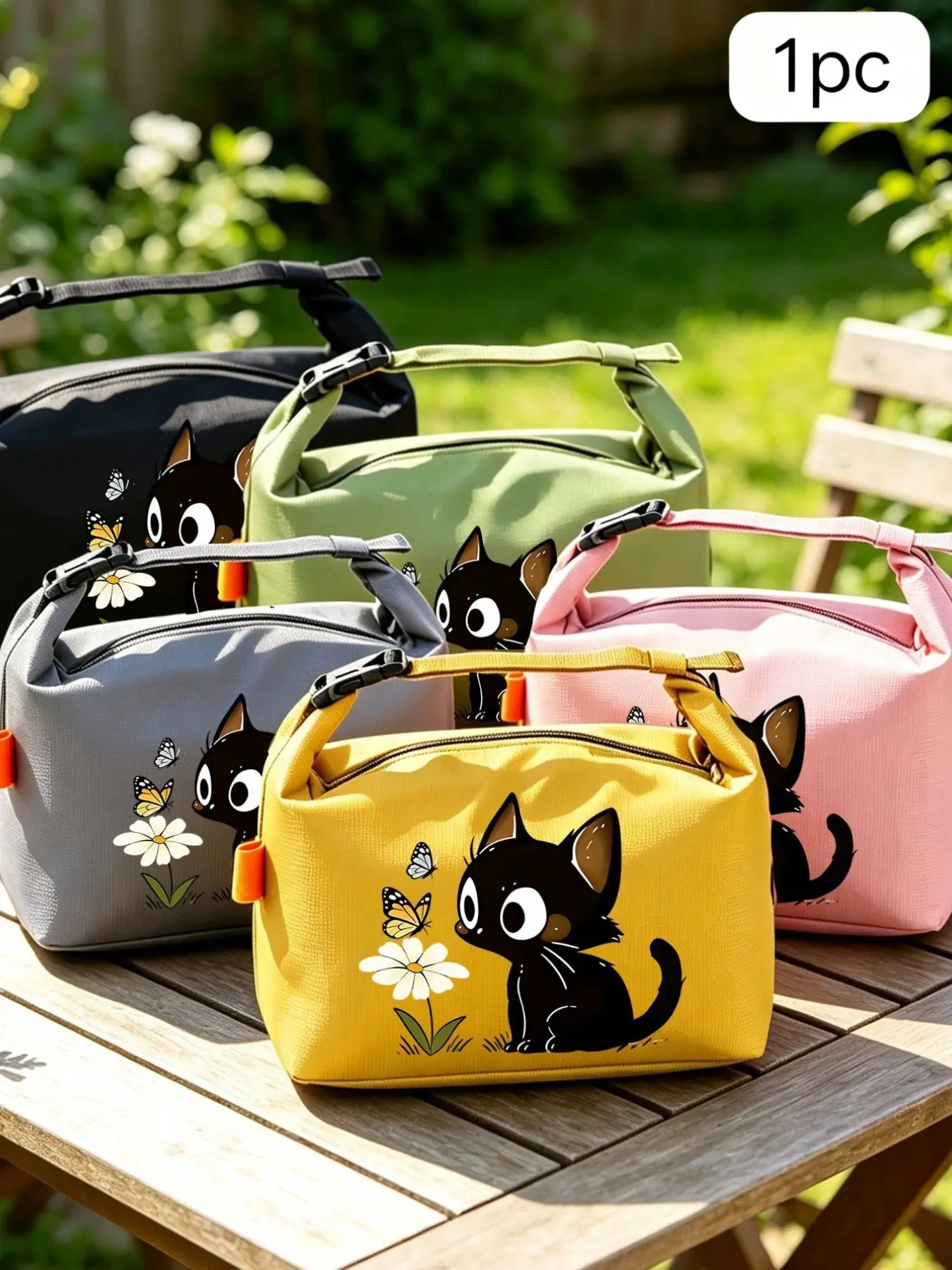 Cat Print Insulated Lunch Bag, Large Capacity, Adjustable Handle, Zipper Seal, Ideal for Outdoor Camping, Travel, Daily Commute