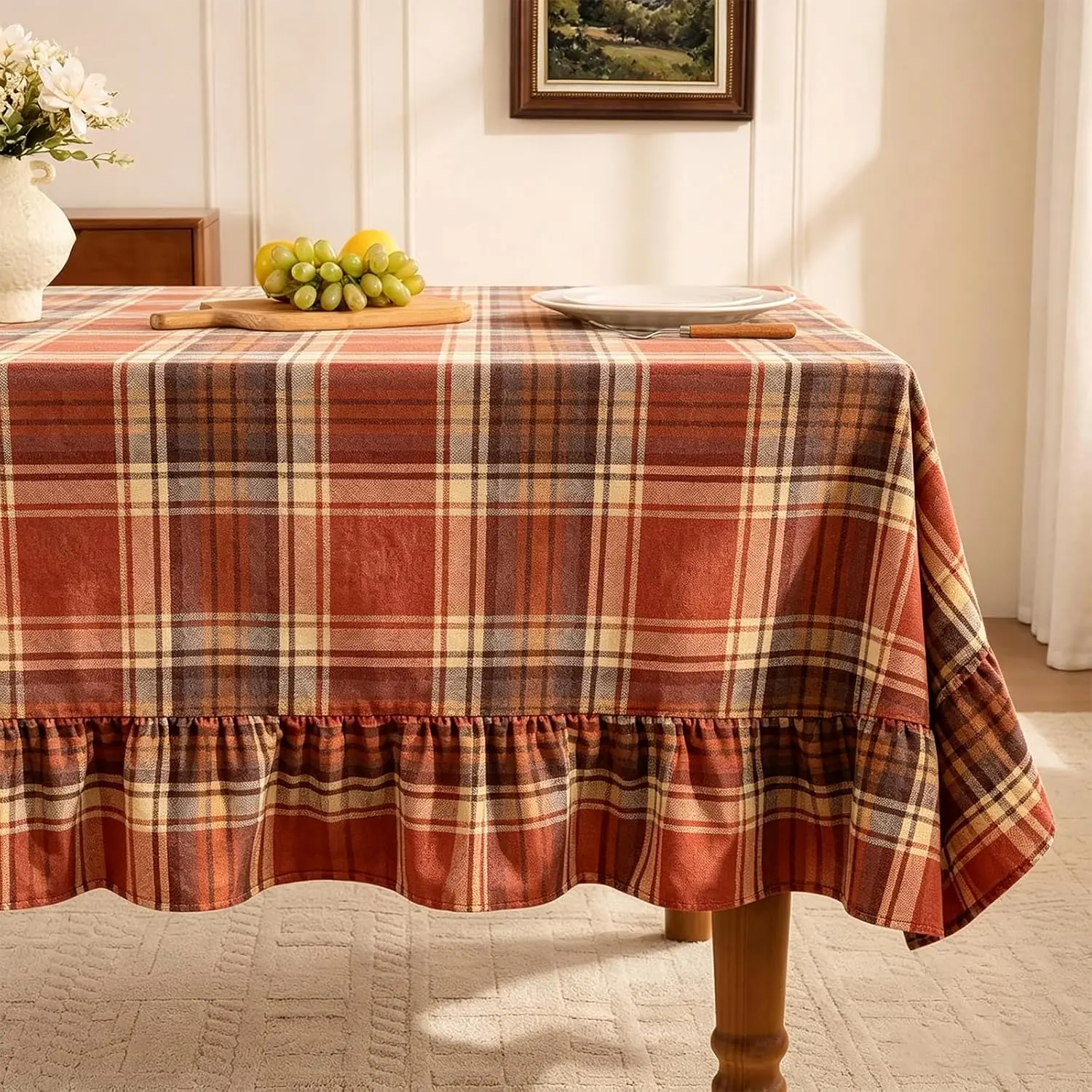 Fall Gingham Plaid Ruffled Tablecloth Fabric Farmhouse Cottage Vintage Table Cloth Buffalo Plaid Decorative Table Cover for Dining Room Party(Brown,60 * 120)