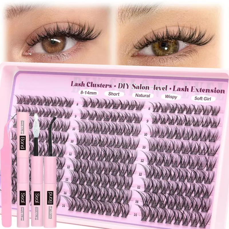 216 Pcs D Curl False Eyelashes, Fluffy Mixed Length, Natural Look, Easy Application, Includes Glue & Sealant, Eyelash Tweezers, DIY Eyelashes Clusters, Diy Lashes Set