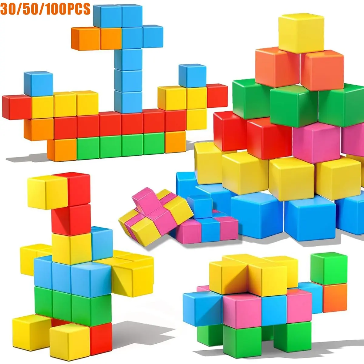 Magnetic Cube Blocks, Rainbow Color Solid Magnetic Cubes, STEM Sensory Fidget Toy, Montessori Math Counting Manipulatives, Open Ended Construction Game, Educational Learning Gift for Toddlers Kids 3+