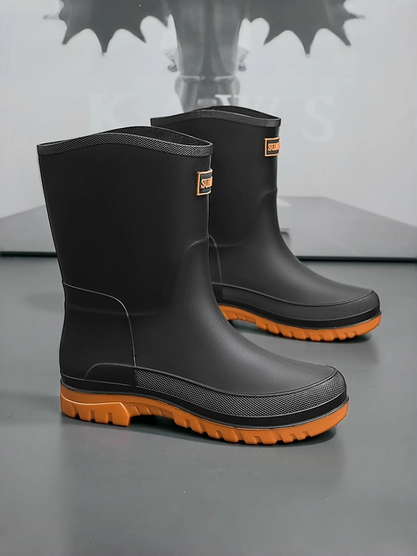 Comfort Wide Fit Mid-Calf Rain Boots Matte Black Smooth Waterproof Surface Grid Toe Anti-Slip Thick Red Rubber Outsole Casual Daily Footwear