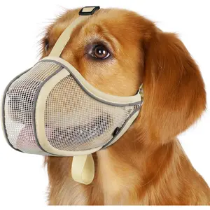 Soft Mesh Dog Muzzle to Prevent Biting Scavenging Chewing, Breathable Reflective Adjustable Dog Mouth Guard, Puppy Muzzles for Grooming Walking Training, Fits Small Medium Dogs (S, Khaki)