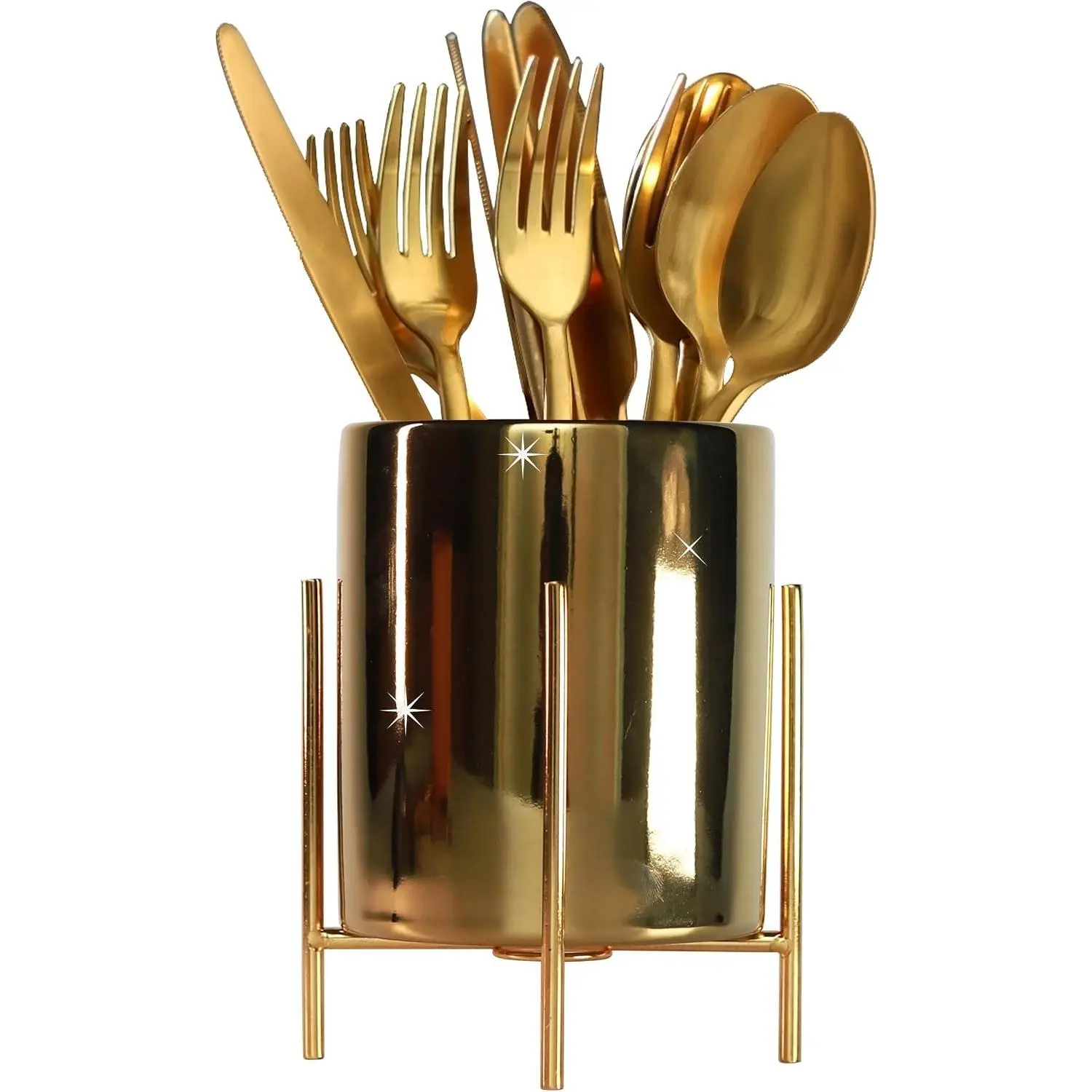 Sturdy Cutlery Holder Gold Ceramic With Metal Bracket Robust Silverware Caddy For Countertop