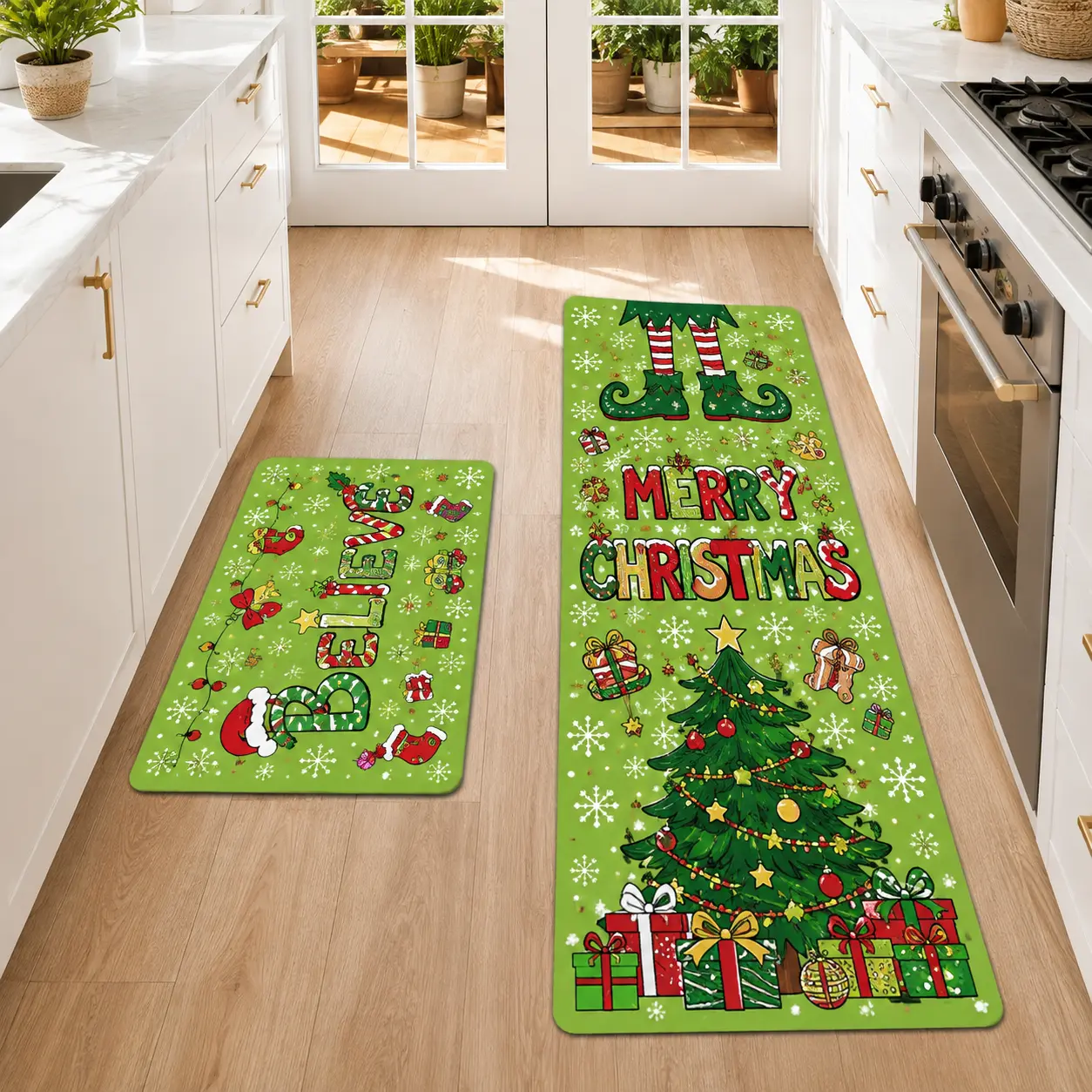 2Pcs Christmas And New Year Printed Kitchen Rug Green Christmas Tree And Santa Claus Mat Set Home Decorative Rugs Household Decorative Rug Farmhouse Kitchen Carpet Restaurant Floor Laundry Room Decoration Carpet Mat