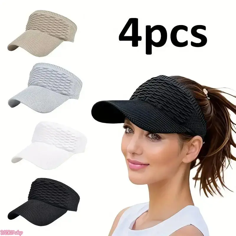 4 Pack Empty Top Sun Visor Hats, Anti UV Breathable Adjustable Sport Visors for Women Men, Lightweight Outdoor Headwear for Golf Tennis Running Beach Travel Vacation Daily Outdoor Activities