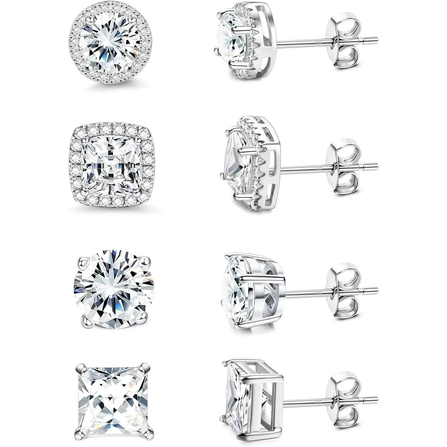 4 Pairs Hypoallergenic Gold Plated CZ Stud Earrings, Royal Blue Cubic Zirconia Halo Earrings for Sensitive Ears (Sterling Silver Post), Stackable Earrings for Women & Men