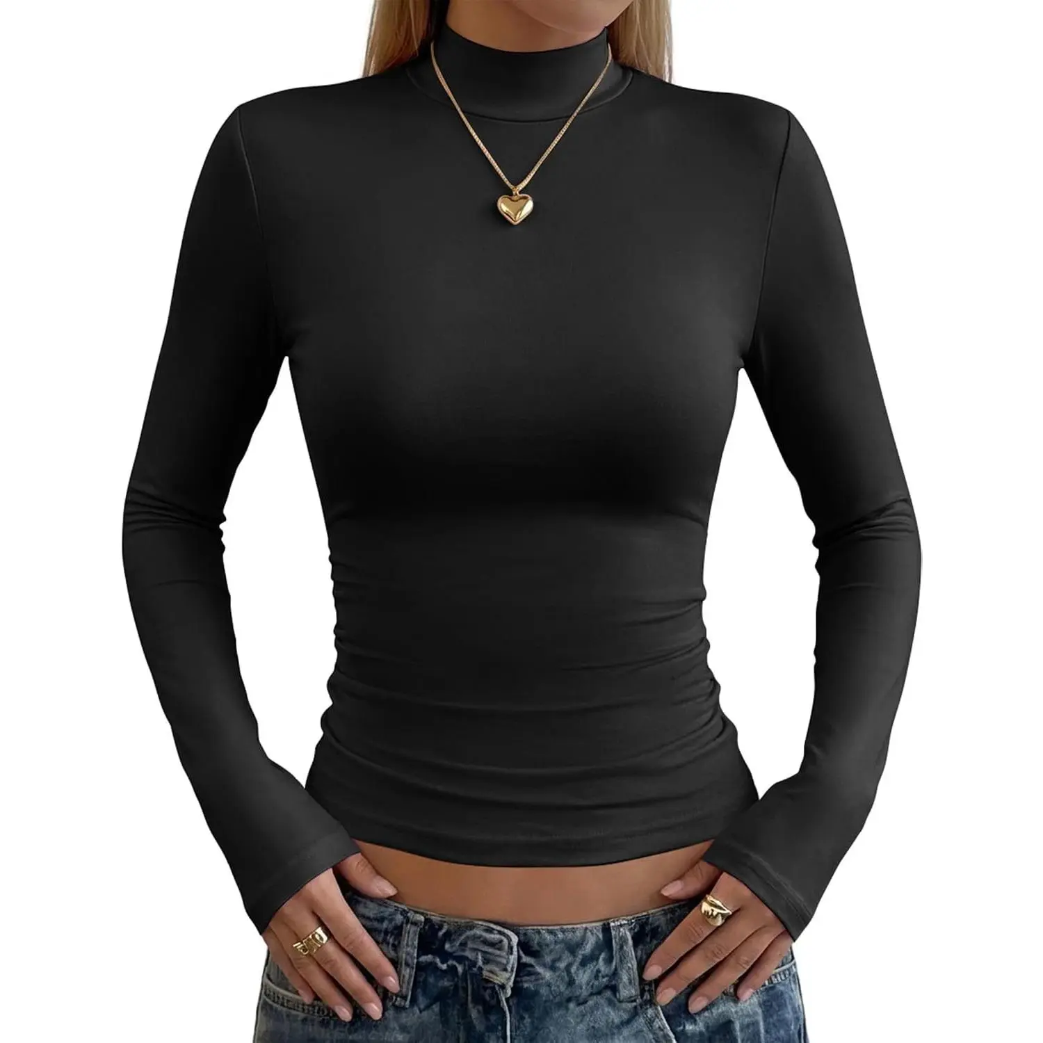 Womens Mock Neck Long Sleeve Slim Fitted Tops Basic Layer Tee Stretch Office Wear Layering Essential Fall Fashion Soft Undershirt