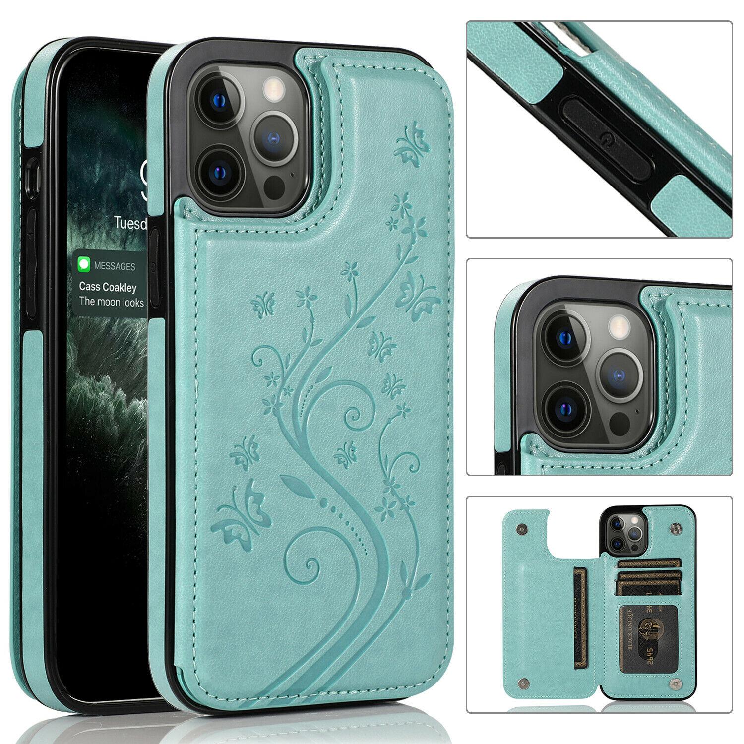 HISTORYOO Card Slots Case For iPhone 17 Pro Max Air 17 16 15 14 13 12 11 Pro Max 16 15 14 Plus / Pro Wallet Card Holder Stand Durable Magnetic Clasp Soft TPU Shockproof Back Cover Flower Butterfly Pattern Bumper Rubber Retro PU-Leather Phone Case