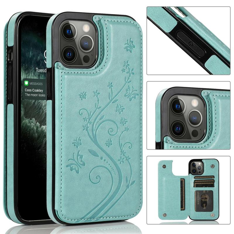 HISTORYOO Card Slots Case For iPhone 17 Pro Max Air 17 16 15 14 13 12 11 Pro Max 16 15 14 Plus / Pro Wallet Card Holder Stand Durable Magnetic Clasp Soft TPU Shockproof Back Cover Flower Butterfly Pattern Bumper Rubber Retro PU-Leather Phone Case