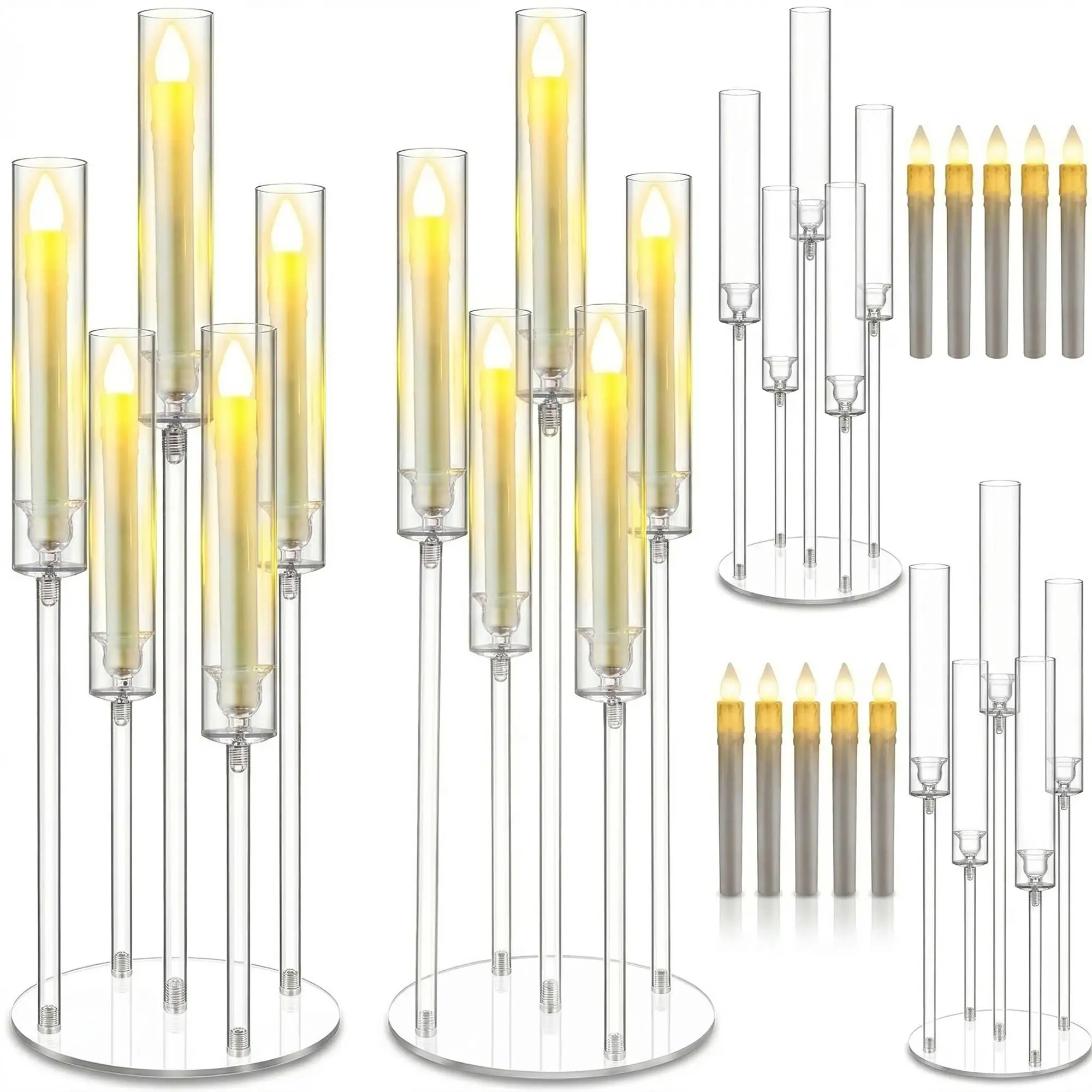 4PCS 5 Arm Acrylic Candelabra Centerpiece for Tables,Clear Candle Holder with Removable Lampshade