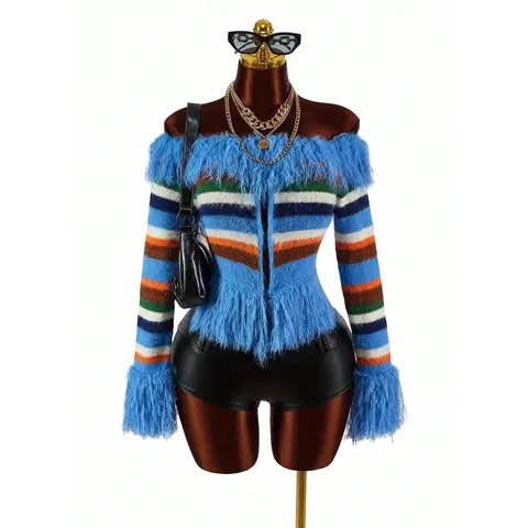 Women's Contrast Color Knitwear Striped Fringe One-Shoulder Cardigan Striped Cardigan Fall Sweater Fashionable
