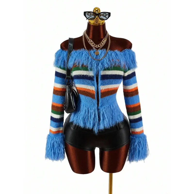 Women's Contrast Color Knitwear Striped Fringe One-Shoulder Cardigan Striped Cardigan Fall Sweater Fashionable