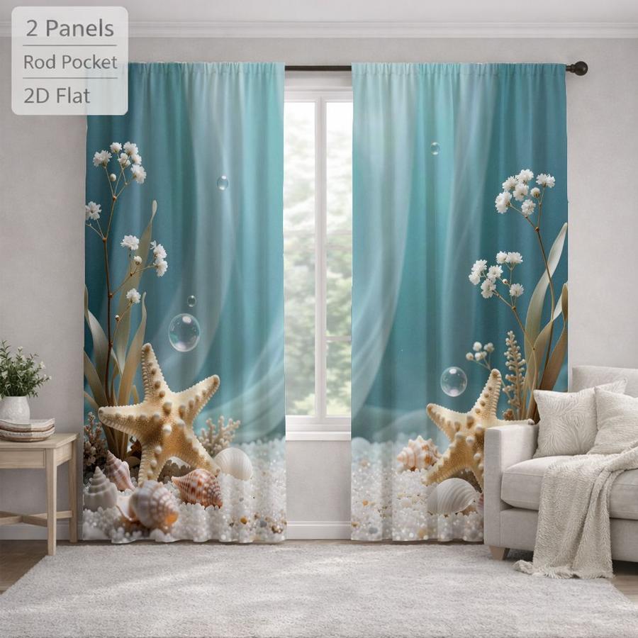 2Pcs Ocean Style Starfish Seashell Bubble Pattern Sun Blocking Curtains Digital Printed Rod Pocket, Window Treatment For Bedroom Office Kitchen Living Room Study Home Decor
