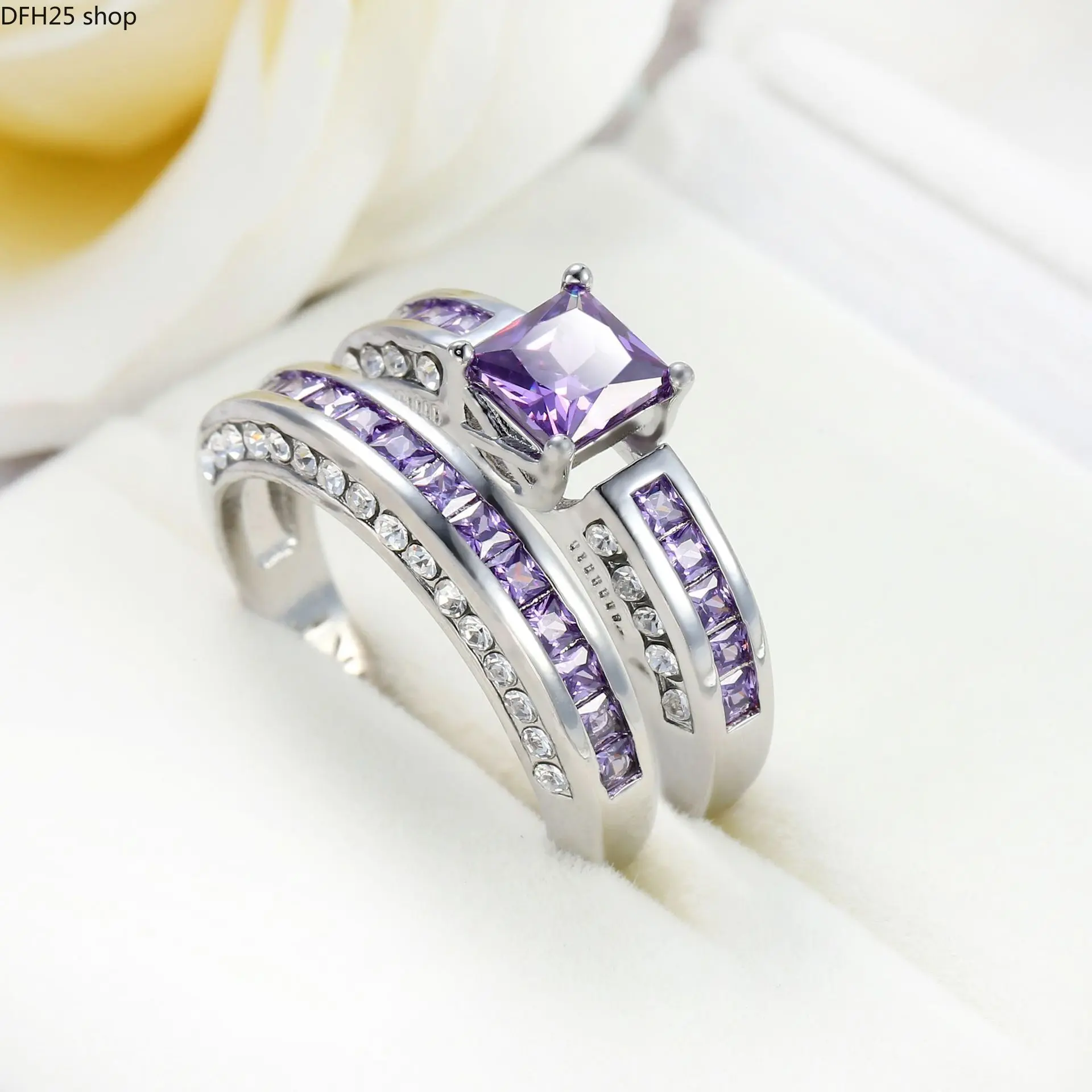 Purple Cubic Zirconia Bridal Ring Set for Women, Silver Tone Stackable Bands With Square Center Stone and Sparkling Accents, Elegant Jewelry for Weddings and Daily Wear