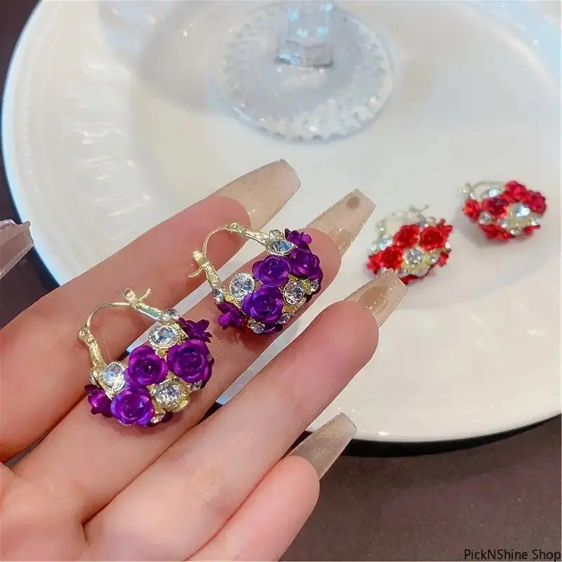 Floral Rose Drop Earrings for Women, Gold-Plated with Purple Zircon Crystal, Lightweight and Comfortable for Everyday Wear, Dangle, Floral Drop, Versatile, Anniversary, Romantic, Zircon Crystals, Birthday, Daily, Rose Motif, Adults, Romantic Accessories,,