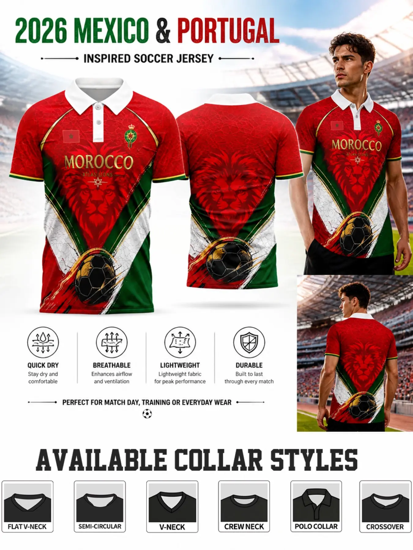 Morocco Atlas Lions Soccer Jersey, - Gradient, Lion Head Pattern, Quick-Dry Polyester, Sporty Short Sleeve, All Seasons