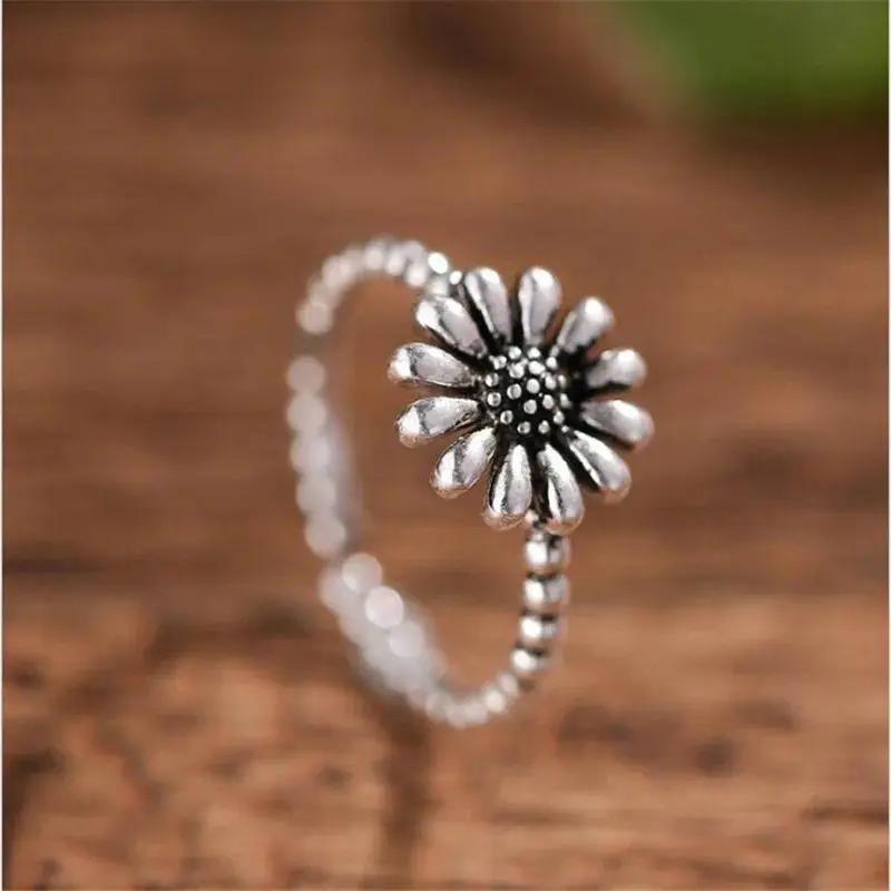 New 925 Sterling Silver Exquisite Opening Ring - Retro Thai Silver, Small Daisy & Sunflower Flower Design Rings, Fashion Jewelry for Retro Wear (TYB453)