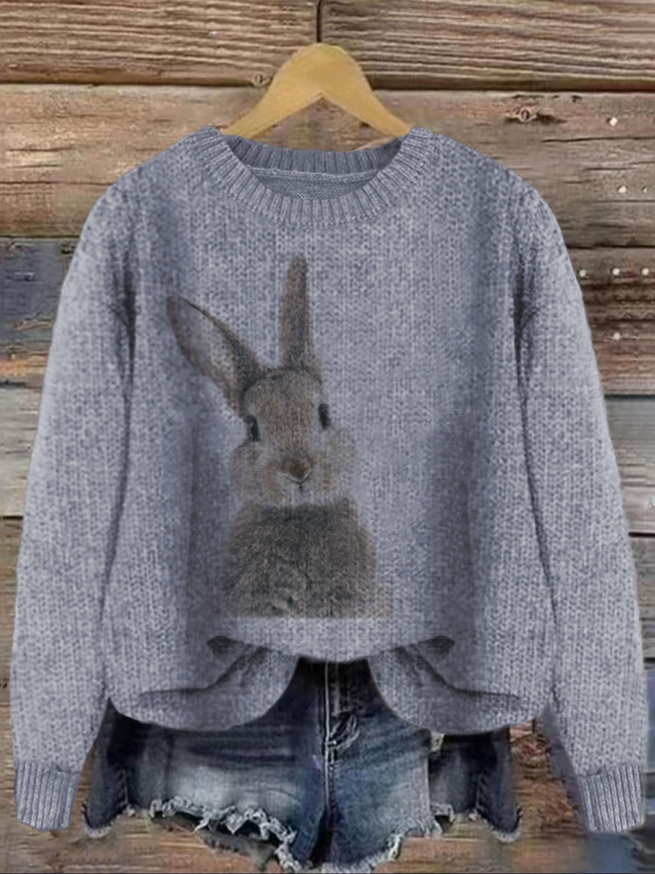 Women's Rabbit Print Drop Shoulder Crew Neck Sweater, Casual Chic Long Sleeve Round Neck Jumper for Fall & Winter, Fashion Ladies' Knitwear for Daily Wear, Women's Clothing, Sweaters for Women, Cute Tops, Knit Pullover Tops