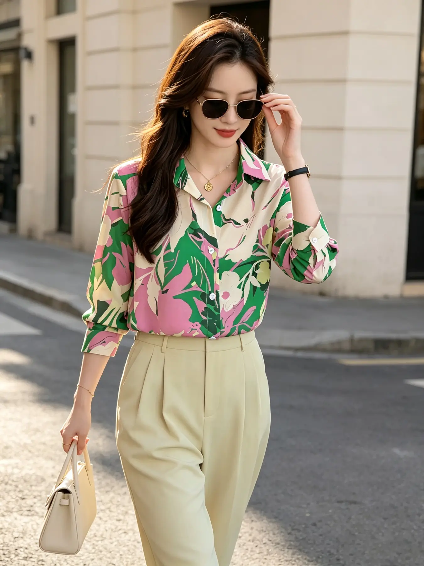 New Women's Base Large Floral Satin Blouse, Spring Summer Dopamine Color Block Oil Painting Flowers Collar Long Sleeve Shirt