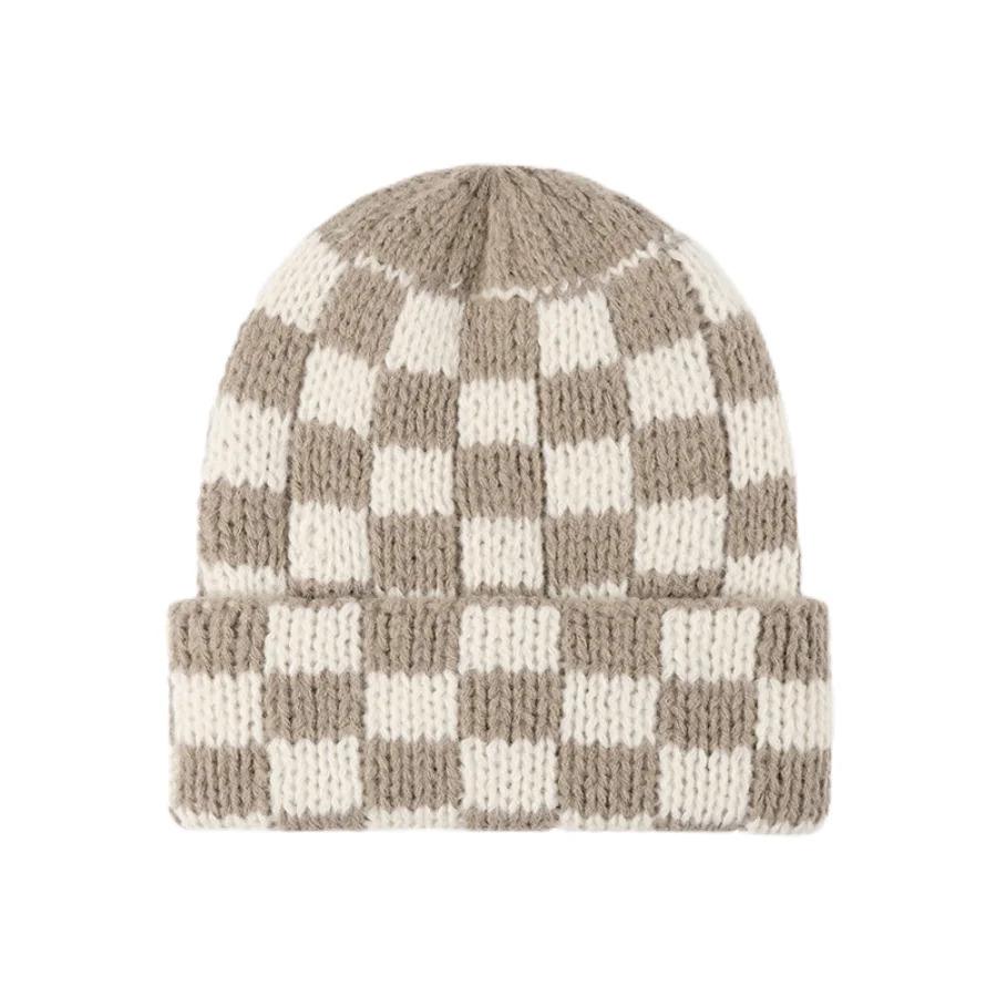 New Japanese Korean Winter Check Plaid Skullies Beanies Knit Hat for Women Ins Luxury Brand Y2k Bonnet Heavy Warm Hat Casual Cap
