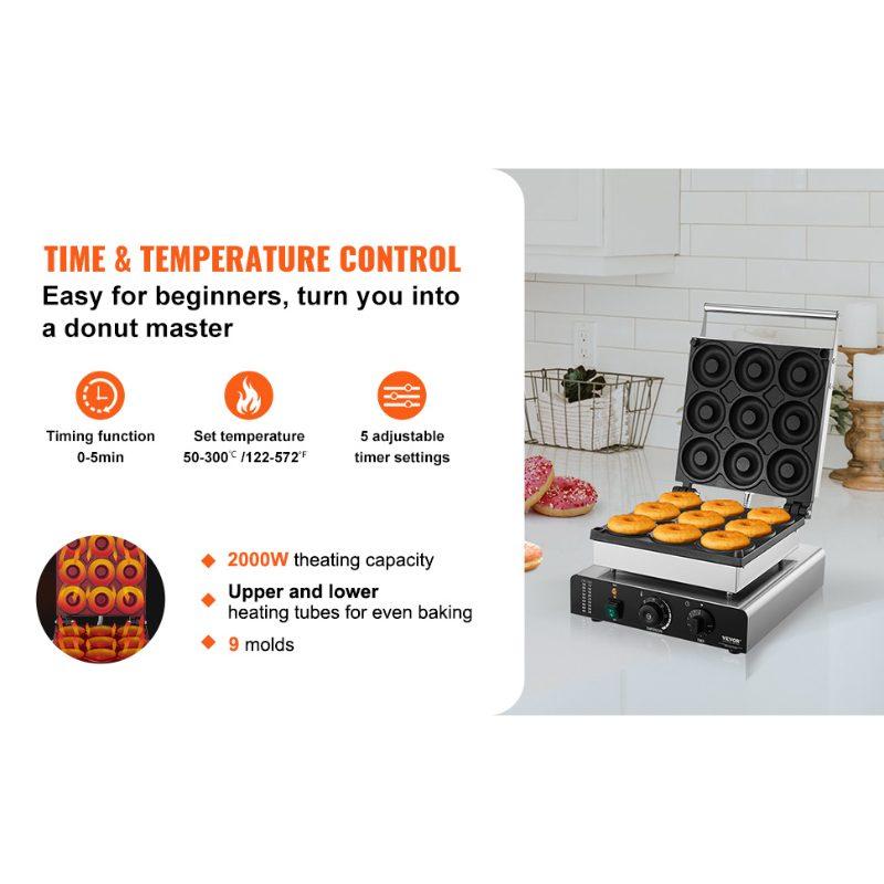 VEVOR Electric Donut Maker, 2000W Commercial Doughnut Machine with Non-stick Surface, 9 Holes Double-Sided Heating Waffle Machine Makes 9 Doughnuts, Temperature 122-572, for Restaurant and Home Use VEVOR Electric Donut Maker, 2000W Commercial Doughnut Machine with Non-stick Surface, 9 Holes Double-Sided Heating Waffle Machine Makes 9 Doughnuts, Temperature 122-572, for Restaurant and Home Use