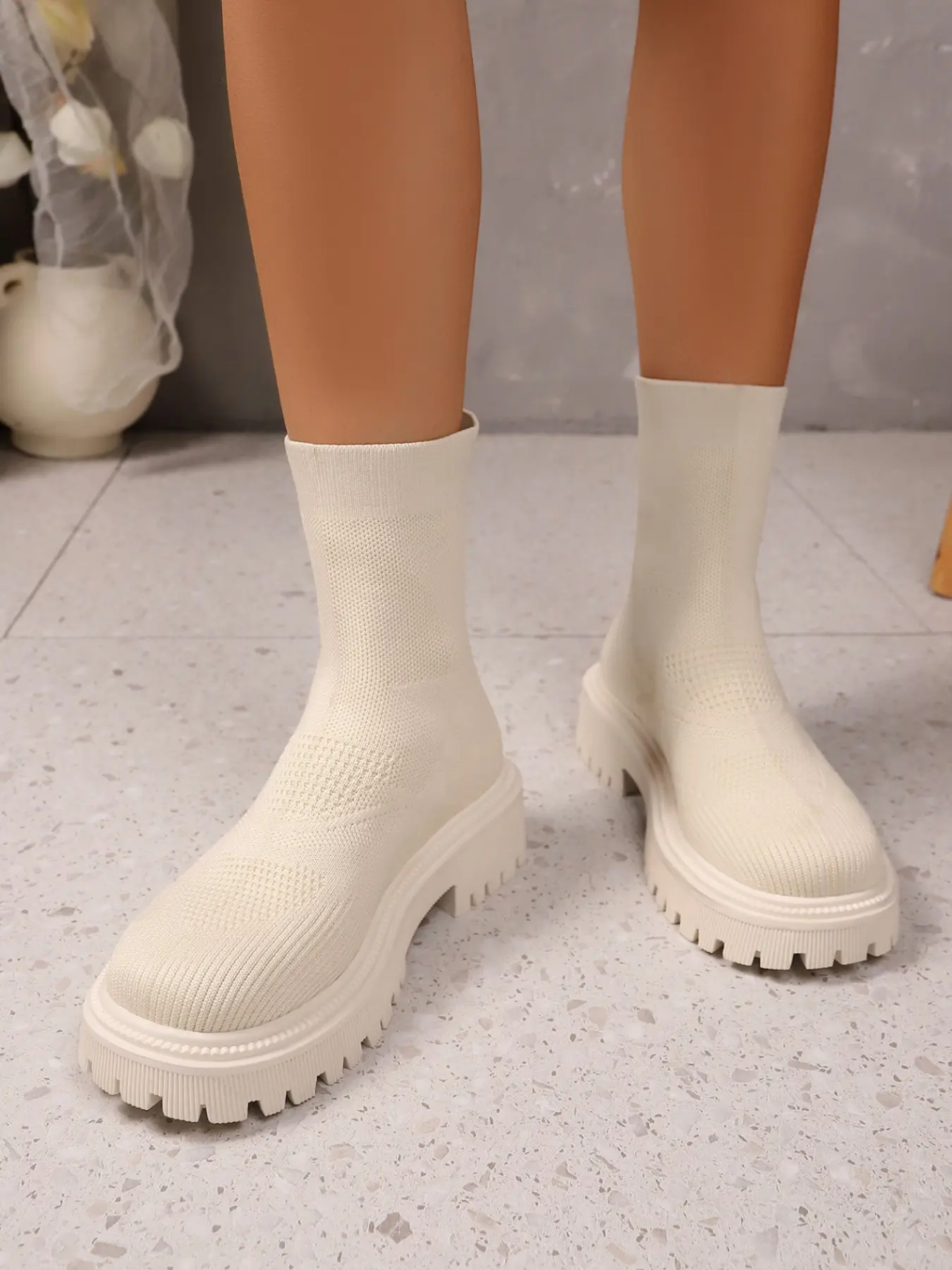 Women's Thick Sole Sock Boots, Round Toe Tube Boots, Breathable Knit Fit Leg Shape, Thick Sole Height Boost Anti-Slip, Fall Winter Fashion