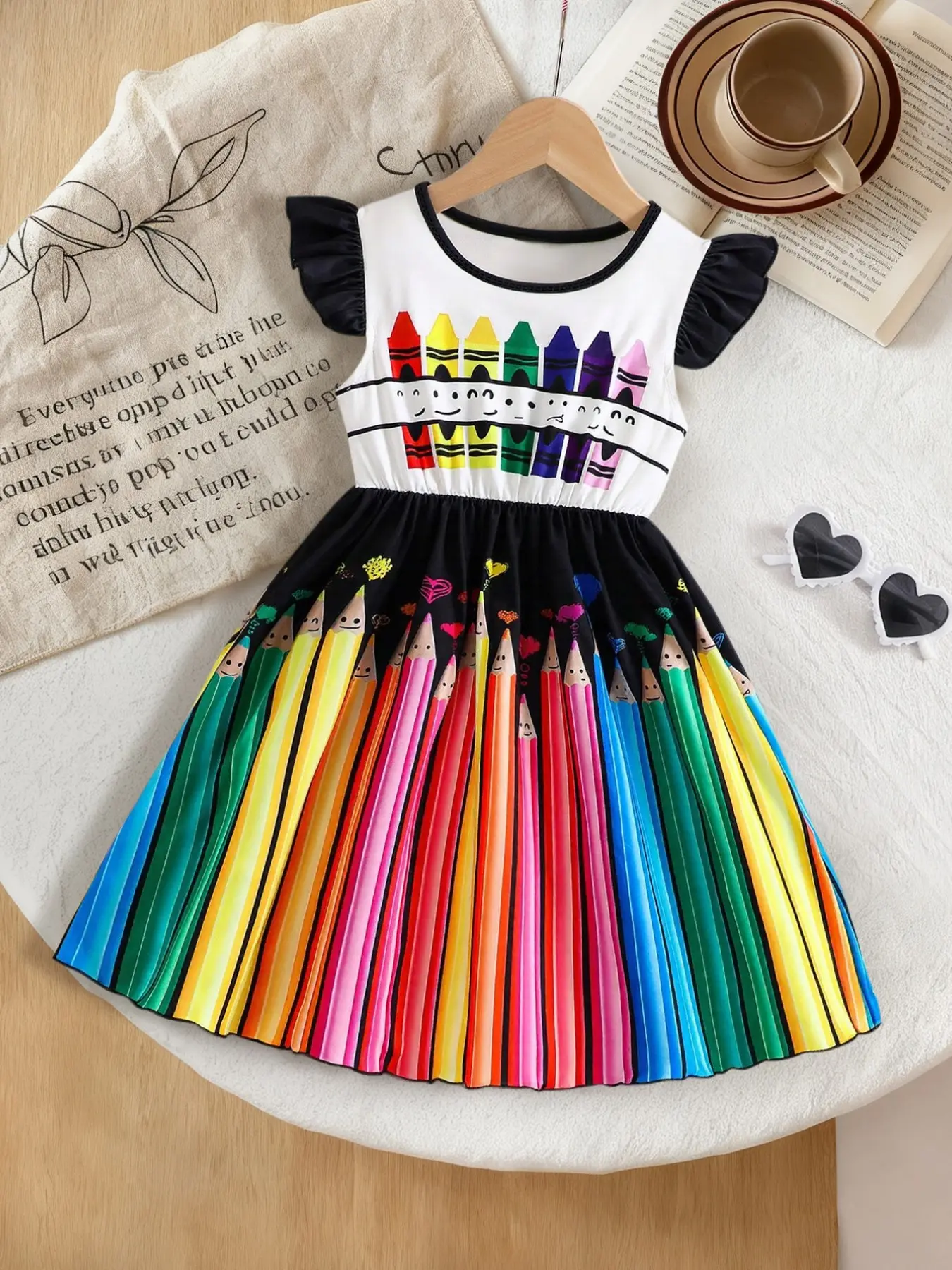 Girls 4-8Y Art Drawing Theme Dress, Black Ruffle Flutter Sleeveless, Cartoon Rainbow Crayon Print Smocked A-Line Summer Skirt, Kids Outfit For Kindergarten Art Class