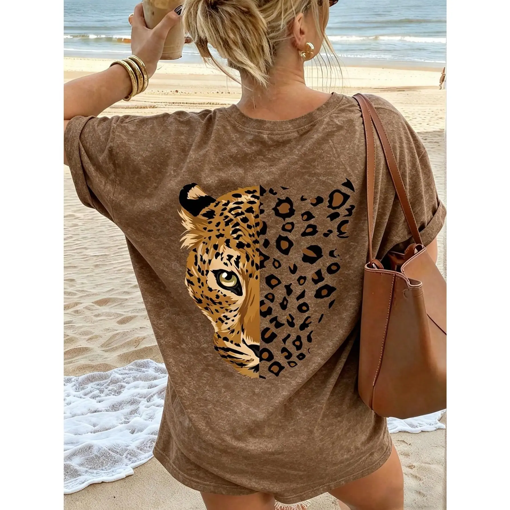 Women's Casual Leopard Print Round Neck Brown Short Sleeve Washed T-Shirt, Minimalist Daily Street Style, Spring/Summer