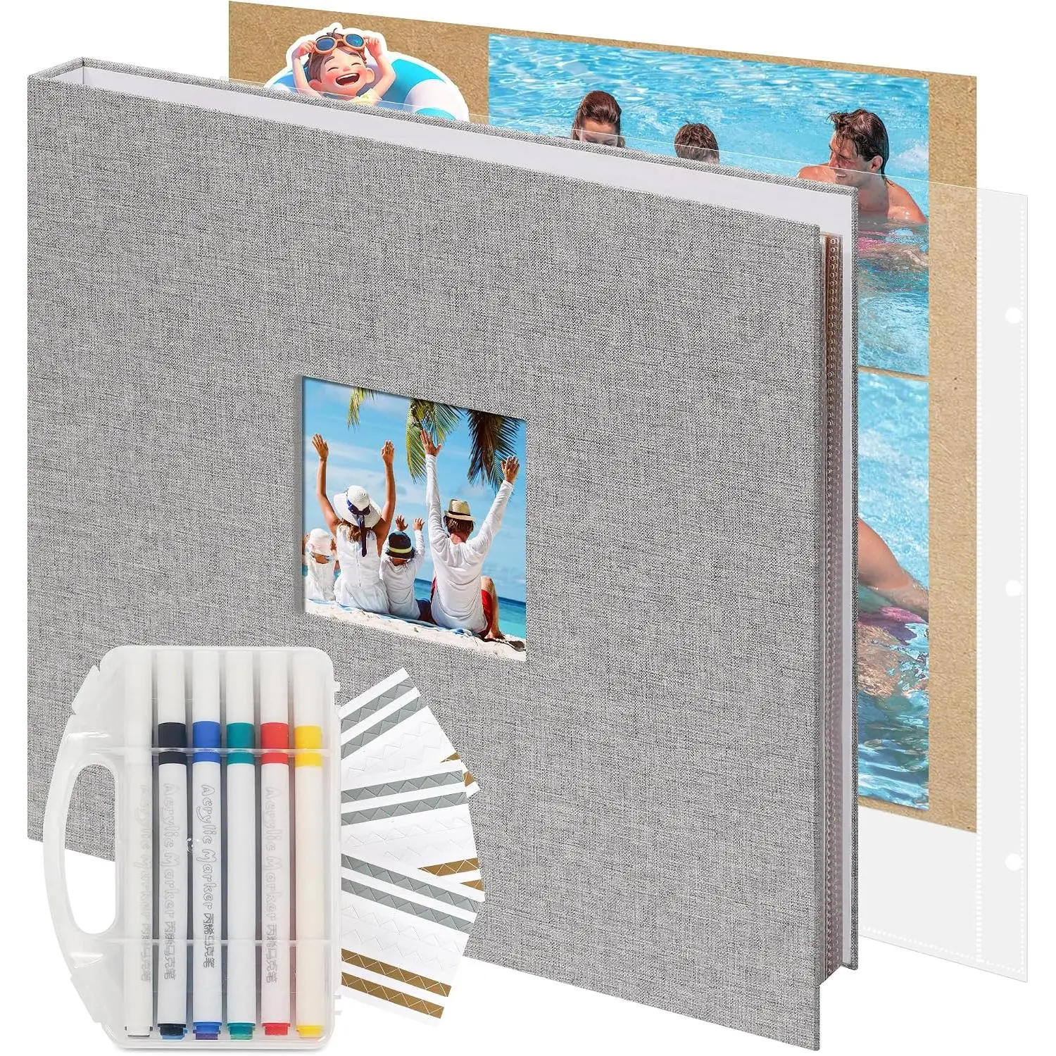 Beige Modern Linen Scrapbook Photo Album Kit - Large 3-Ring Binder Memory Book with 30 Plastic Sleeves, 15x13 in DIY Book for Wedding, Anniversary, Memory Books