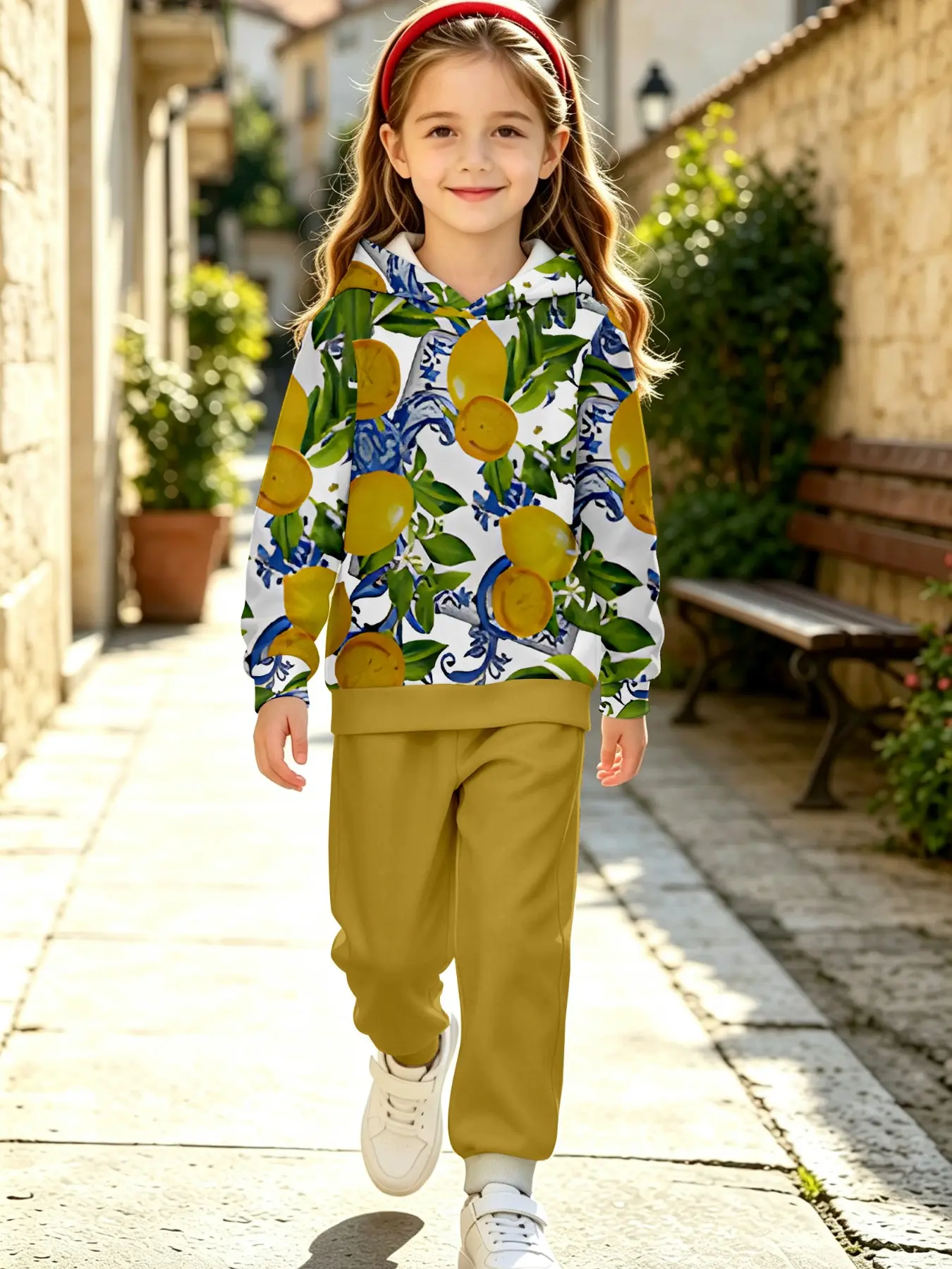 Unisex Set with Sicilian Lemon Blue-And- Porcelain Print, Long-Sleeve Sweatpants & Sweatshirt, Fall&winter Casual Wear