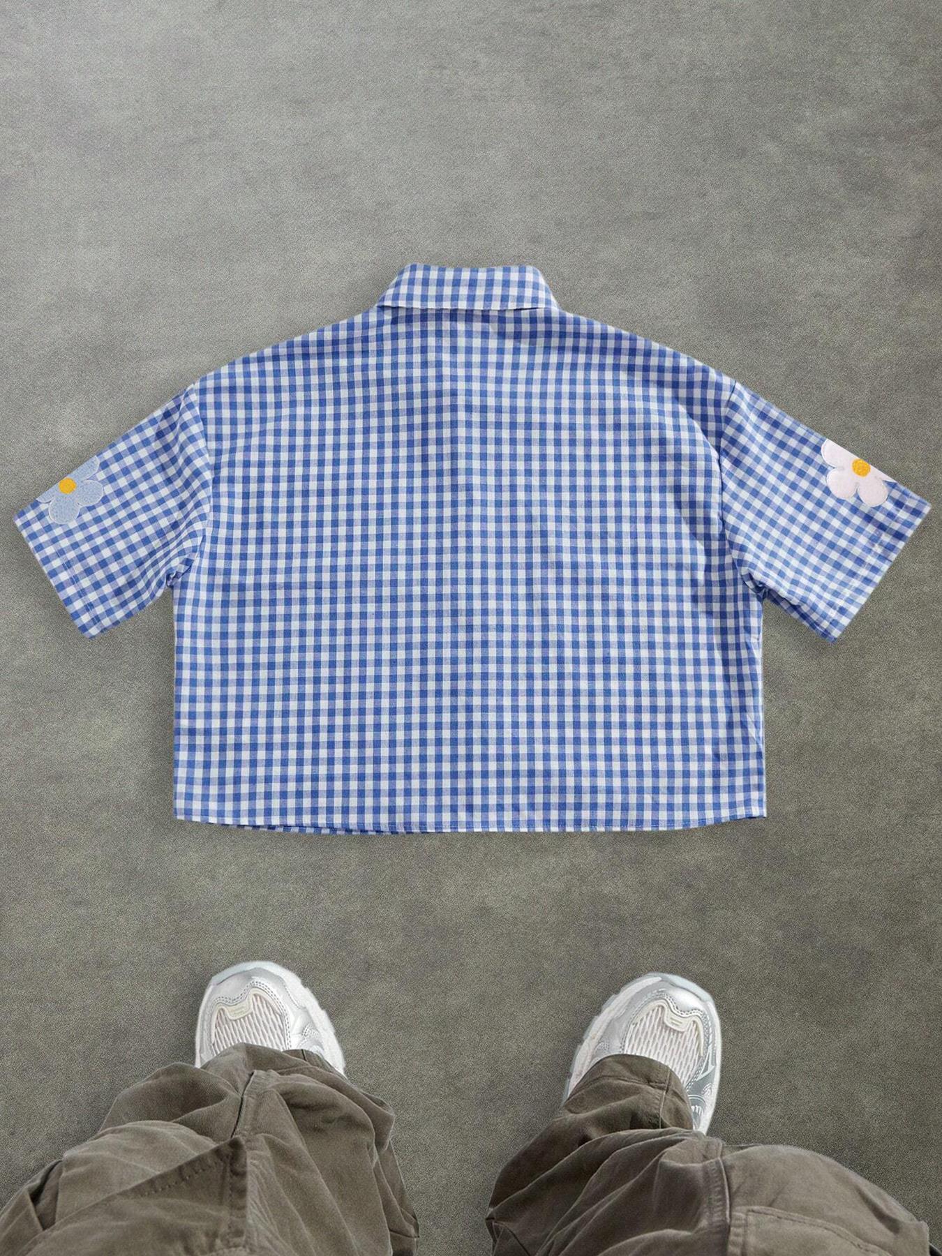 Men's Floral Embroidery Embroidered Short Sleeve Shirt, Regular Fit Casual Street Retro Gingham Plaid Graphic Button Front Top for Summer, Men's Clothes for Daily Wear, Menswear