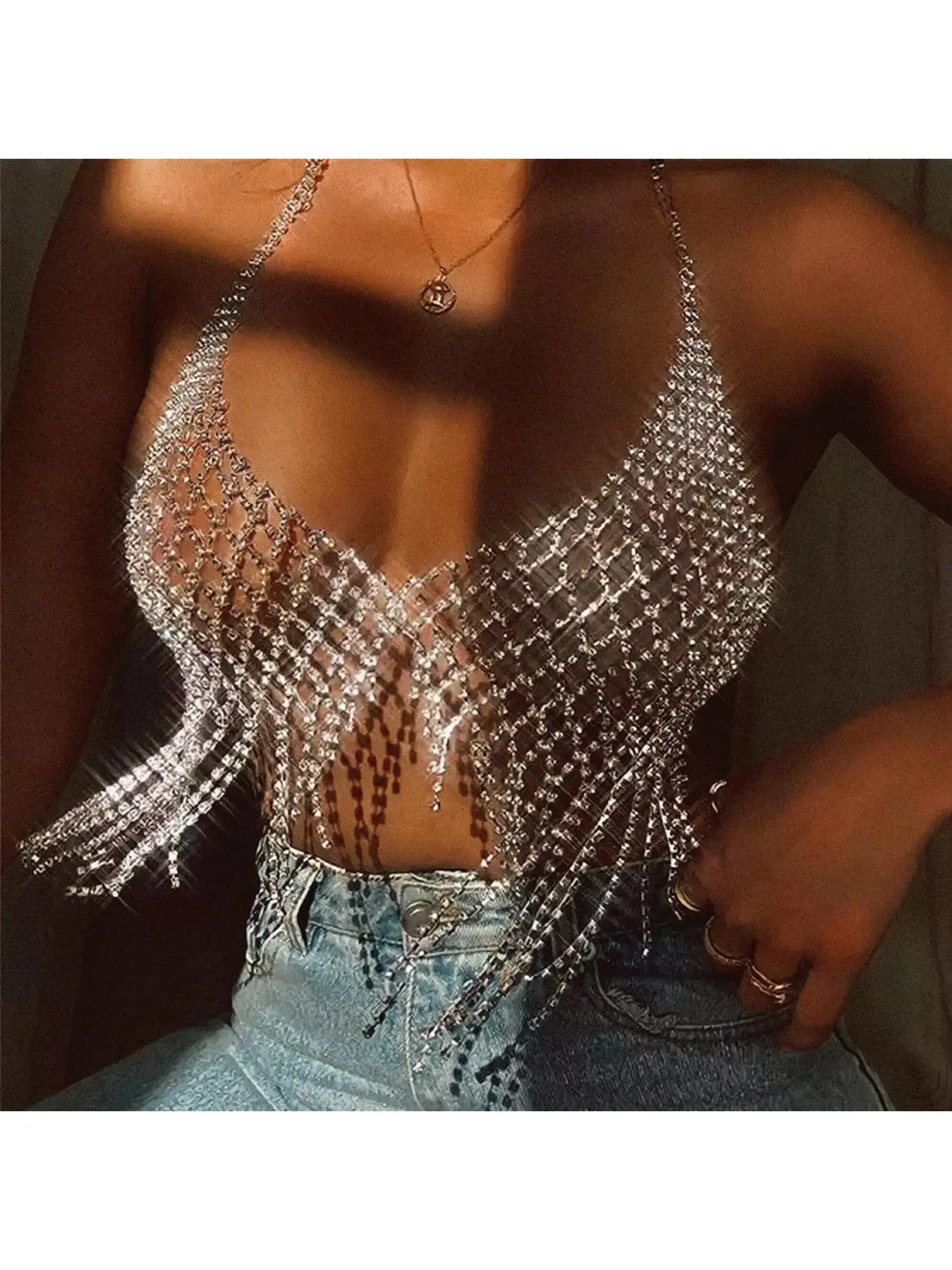 Sparkling Rhinestone Mesh Tassel Body Chain for Women, Glitter Halter Neck Fringe Chest Harness Jewelry, Shiny Crystal Grid Bust Chain Accessory, Glam Outfit Decor for Nightclub, Concert, Halloween Party, Festival Rave, Perfect Holiday Gift