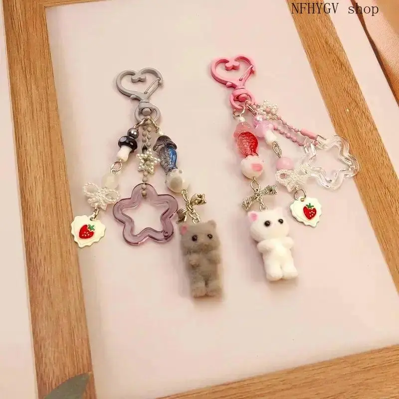 Y2K Aesthetic Fuzzy Pink Cat Keychain Set Of 2, Soft Trendy Accessory For Women, Cute Fluffy Pendant Ideal As A Sweet Gift For Girlfriend
