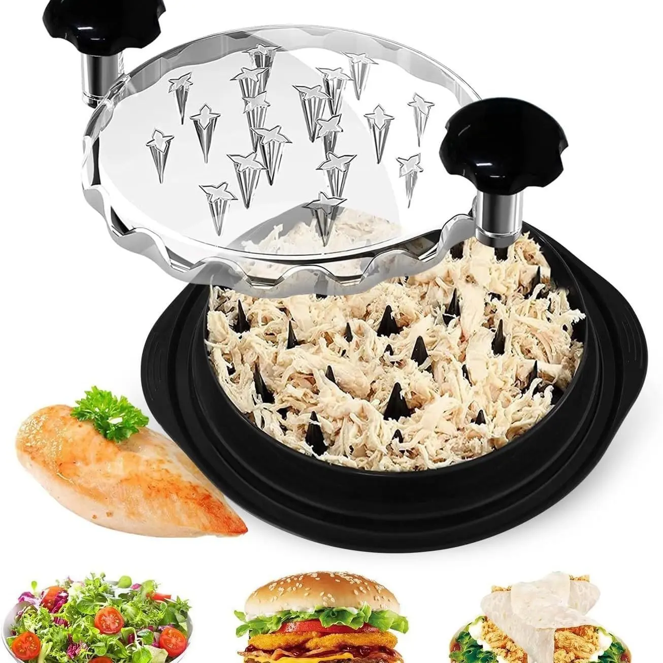 Chicken chopper tool rotation - chicken breast chopper and grinder with meat tenderizer and cleaning brush, ergonomically designed for chopping chicken, pork, beef, etc