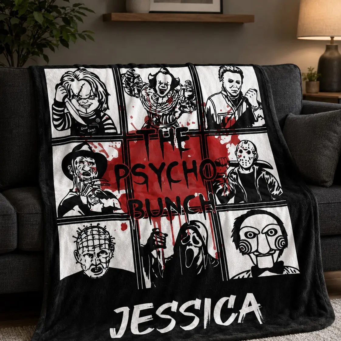 【1 Pack】Classic Horror Movie Characters Collection Custom Name Flannel Blanket Chucky Pennywise Michael Myers Jason Freddy Ghostface Psycho Bunch Horror Fan Halloween Blanket Black White Red Dark Aesthetic Bedroom Sofa Throw Gift