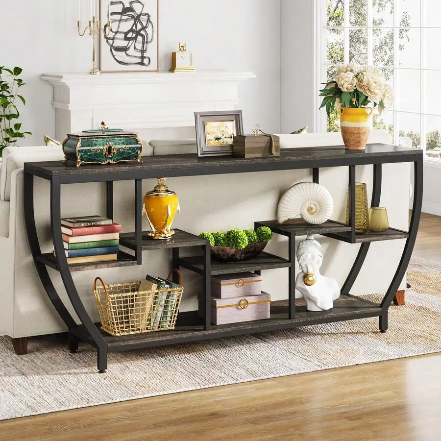 70.9 Inch Spacious Sofa Table With Shelving, Distinctive Console Table With Generous Storage, Industrial-Styled Entryway Table TV Stand, Behind Couch Table Accent Tables Living Room, Hallway, Foyer, Grey