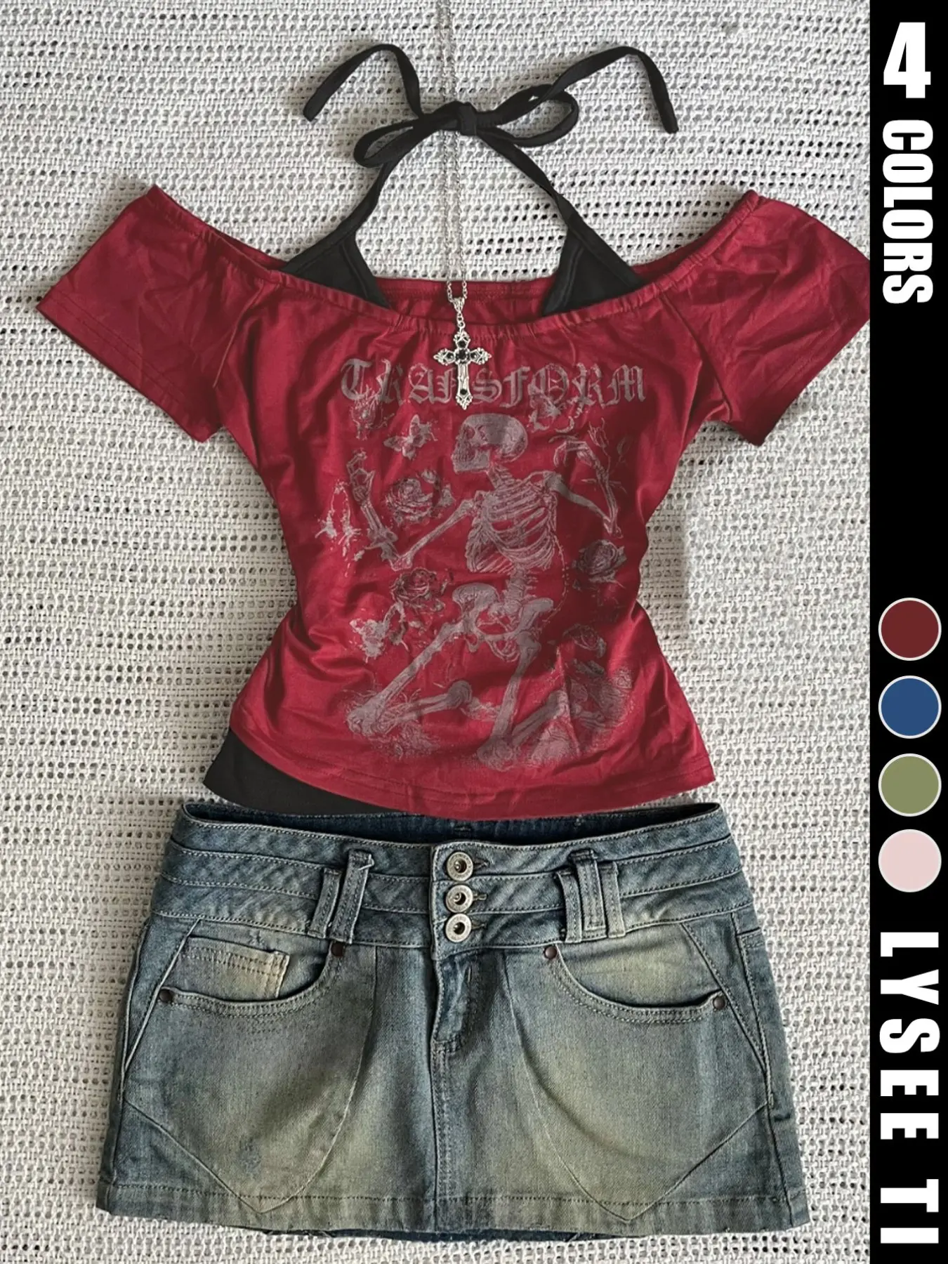 Women's Summer Fashion and Casual Y2K Skeleton Printed Halter Tie Adjustable Fitted T-Shirt