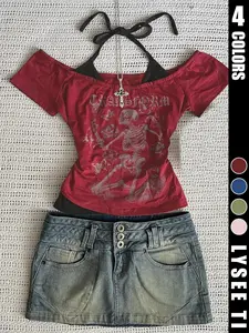 Women's Summer Fashion and Casual Y2K Skeleton Printed Halter Tie Fitted T-Shirt