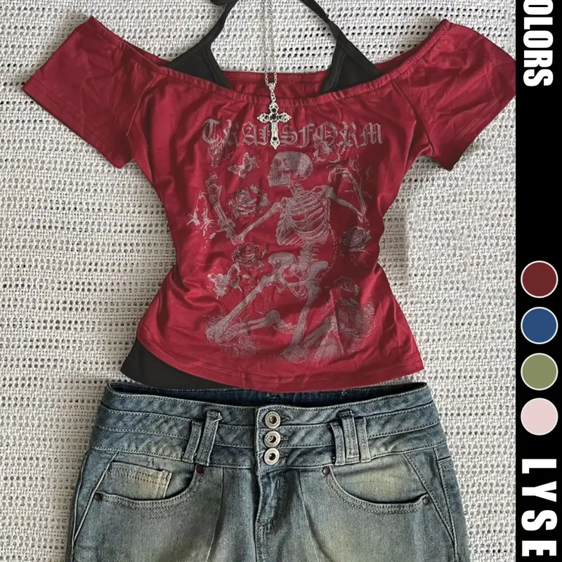 Halloween Fashion Y2K Women's Skull Print Skeleton Back Tie T-Shirt, Casual Fitted Tee, Plain Surface, Unlined, Batch Number Dd240820001