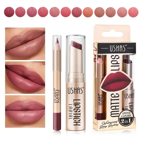 2 in 1 Lipstick & Lip Liner Makeup Set, 2 Counts/set Long Lasting Waterproof Matte Nude Color Lipstick Makeup Tool, Lip Gloss Lip Liner Lip Stain Lip Kit Sets, Gift for Girls & Women, Glossy