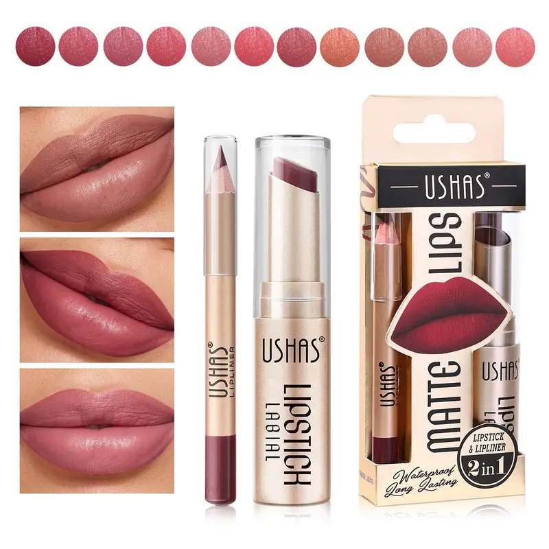 2 in 1 Lipstick & Lip Liner Makeup Set, 2 Counts/set Long Lasting Waterproof Matte Nude Color Lipstick Makeup Tool, Lip Gloss Lip Liner Lip Stain Lip Kit Sets, Gift for Girls & Women, Glossy