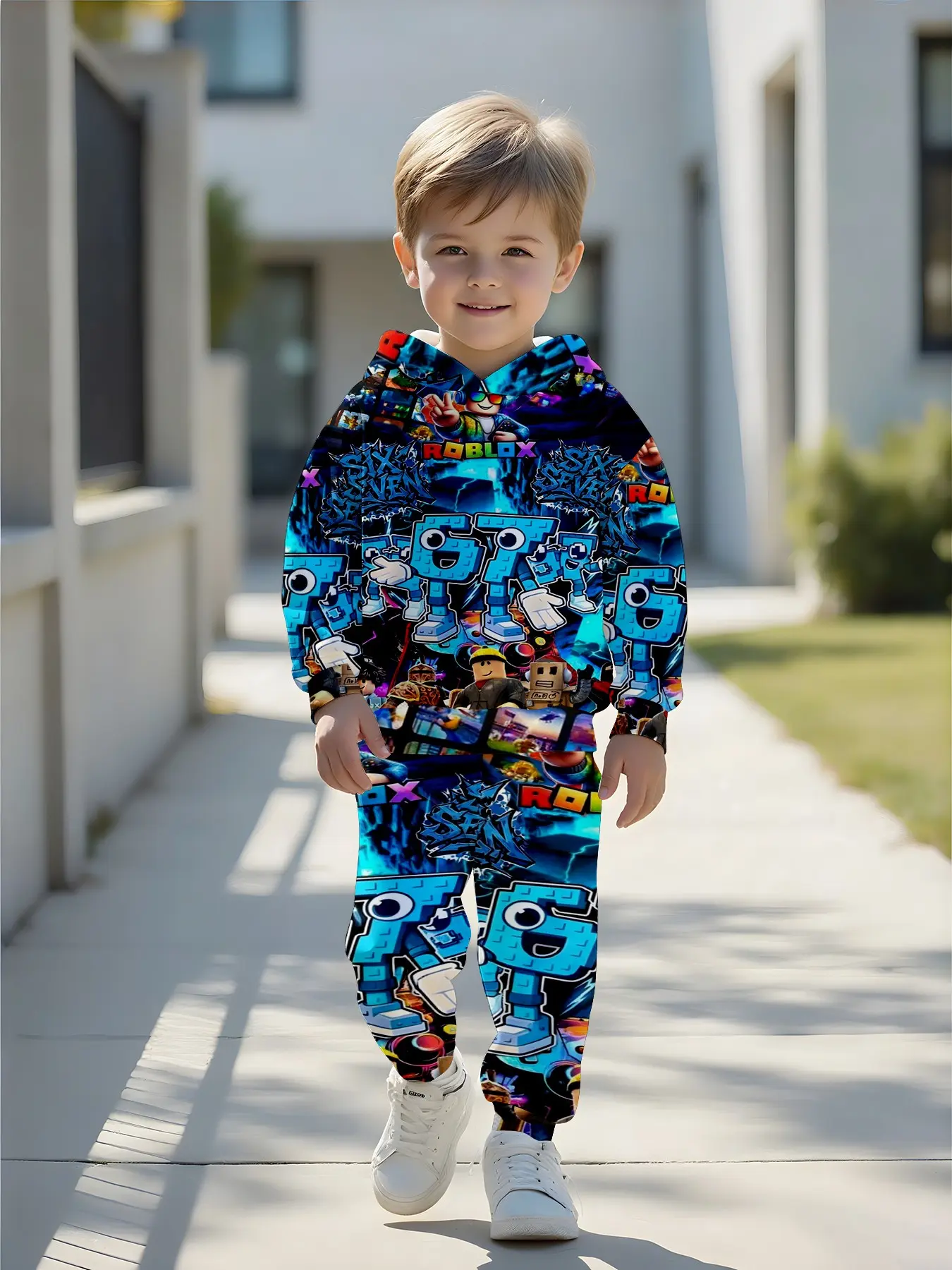 Boys' Blue Lightning Graffiti Game Block Man 3D Print Hoodie Pants Set, Outdoor Sports, Perfect Birthday Gift