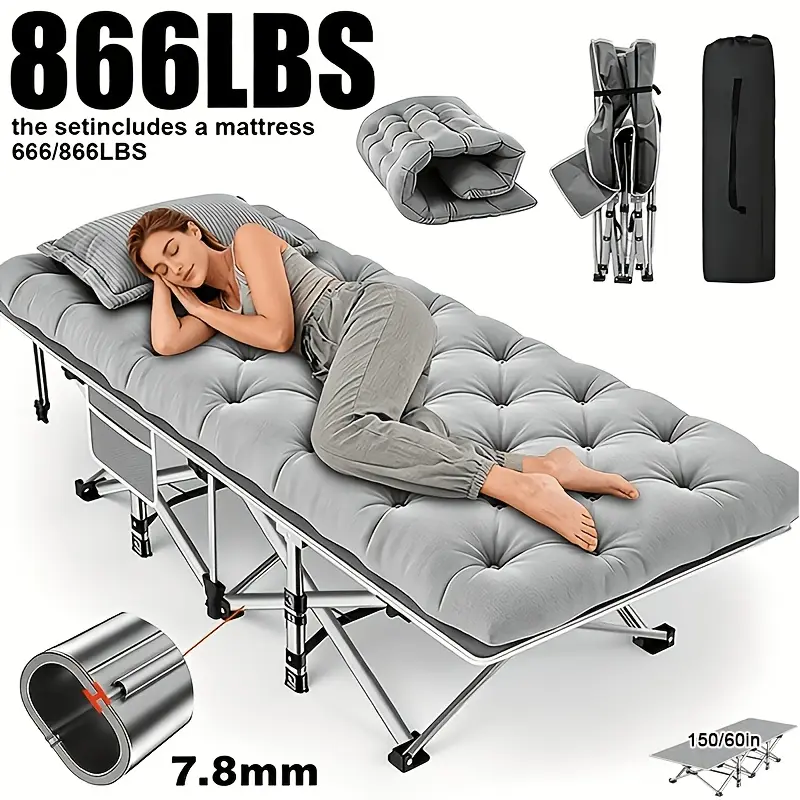 Portable 60/75 Inch Outdoor Folding Bed, Available With/Without Mattress & Side Pockets, 666/866 Lbs Weight Capacity, Easy to Store Guest Bed for Camping, Patio, Terrace, Guest Room, Office Use