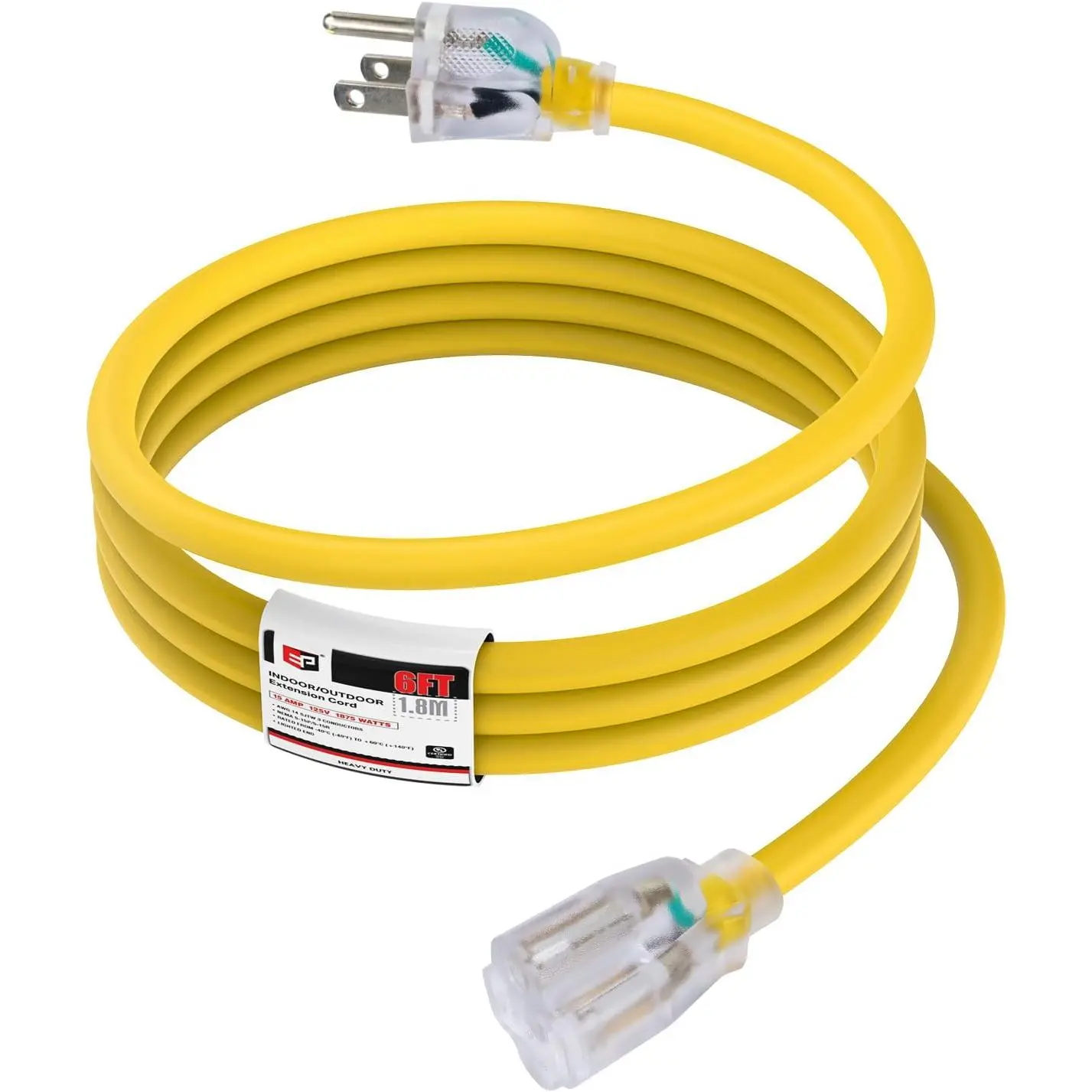 Heavy Duty Outdoor Extension Cord - 6 Ft 14/3 SJTW Yellow Cord, 14 Gauge Copper Wire, 3 Prong Grounded Plug, LED Lights, -40°F to +140°F, for Christmas, Generator, Appliances, Lawn, Garden Use