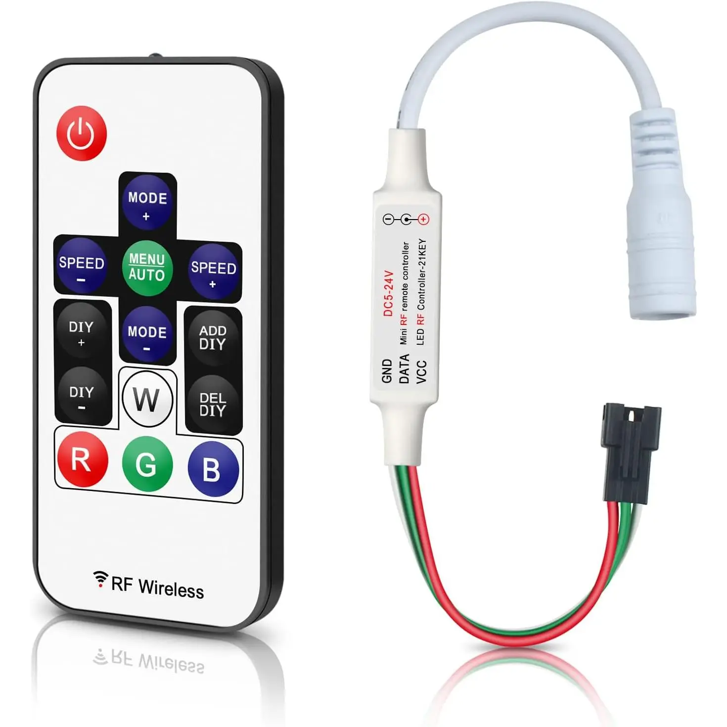 WS2812B RF LED Controller 3-PIN Mini LED Strip Lights Controller | Adjustable Brightness and Color Changing Speed, DC 5V/12V/24V for WS2812 WS2811 Dream Color LED Strip Lights(14 Key)