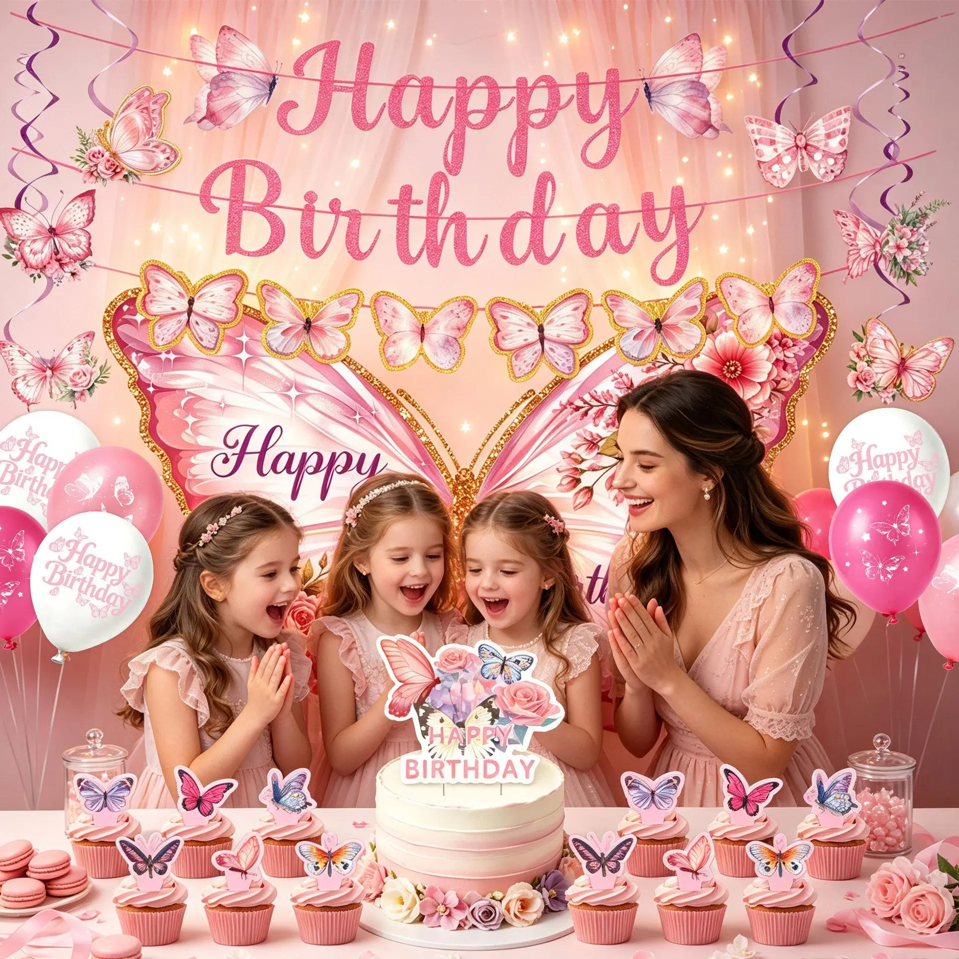 Pink Butterfly Theme Girl Birthday Disposable Party Flag Cake Power Strip Balloon Spiral Ornament