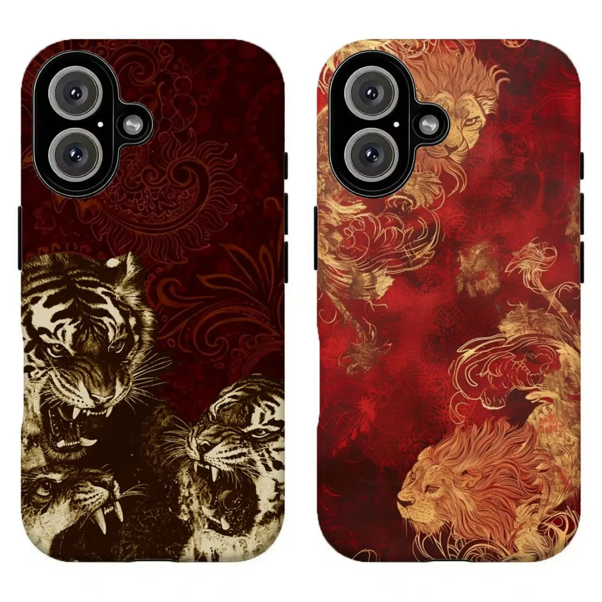 FL-Vintage Red Background Tiger Lion Tattoo Phone Case - Ornate Paisley Wild Animal Aesthetic, Shockproof Durable Protection Accessory Shell for iPhone 11-17 Air Pro Max, Samsung S21-S26, Custom Gift for Her/Him